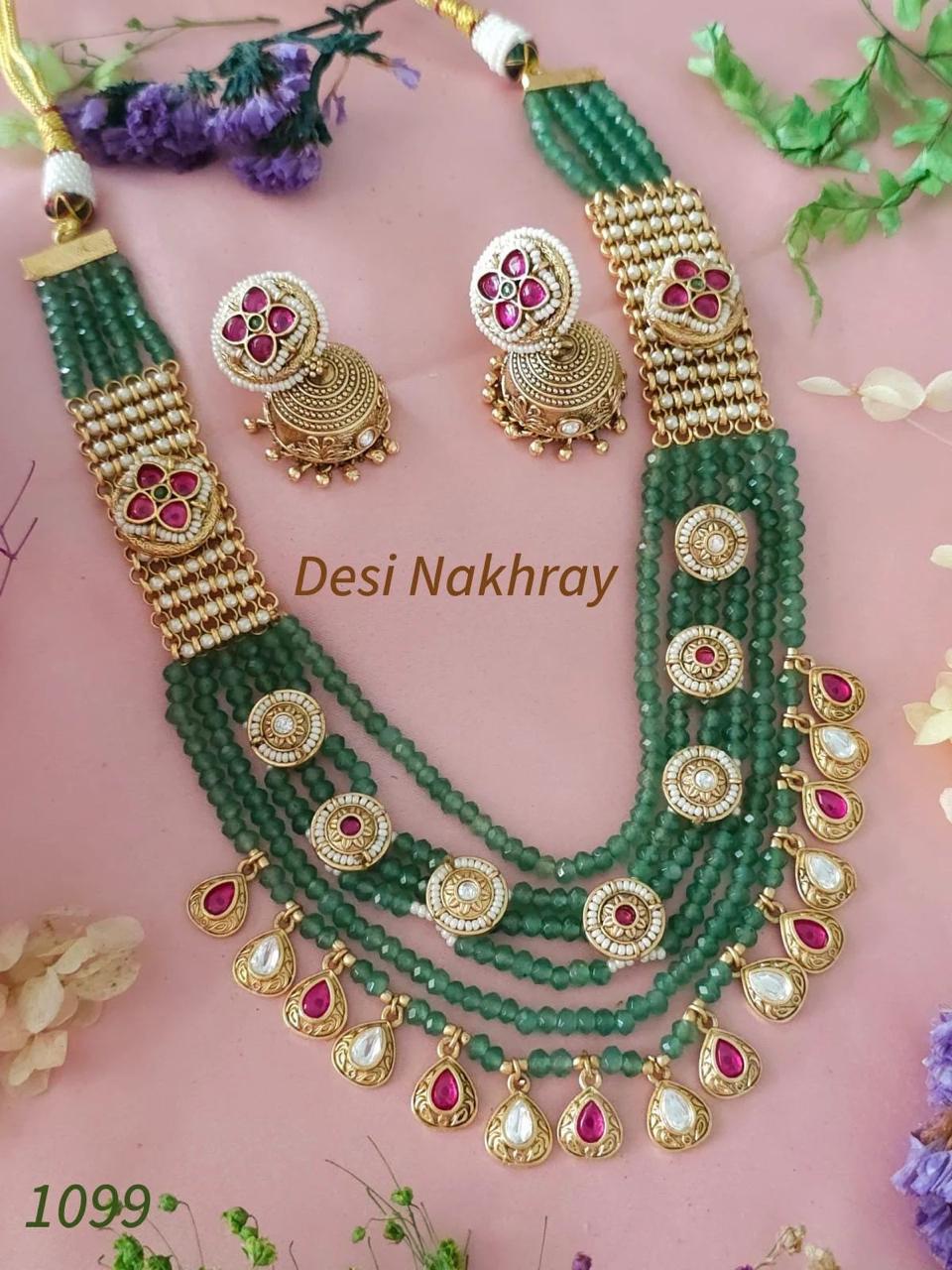 Green Onyx beads gold plated layered kundan necklace with matching jhumkis. Indian Rajwadi wedding set, Antique gold Jadau Bridal Set