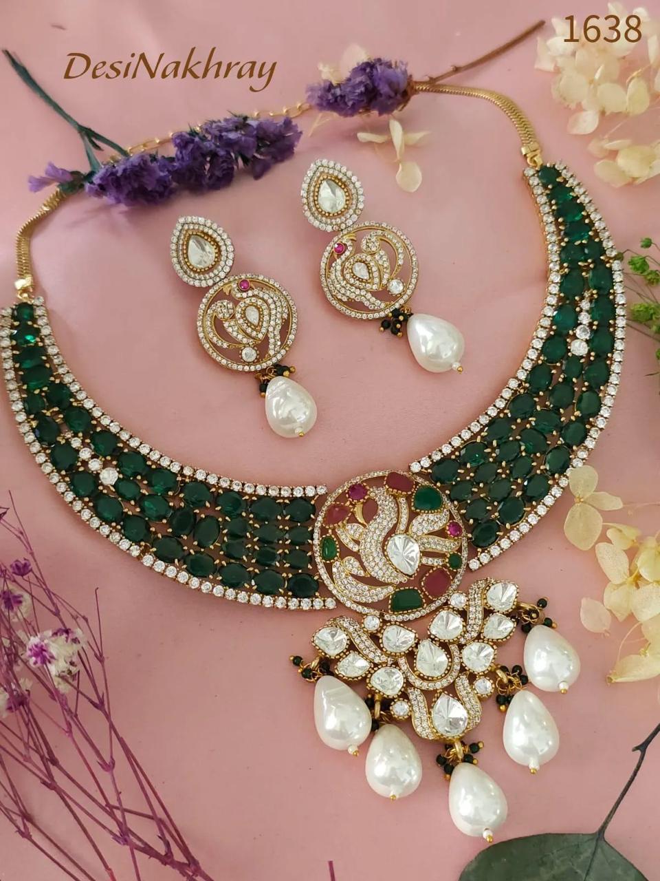 CZ diamonds, Polki, Hydro stones, Baroque pearls Necklace & earrings set. Indian wedding Choker emerald green necklace Jewelry