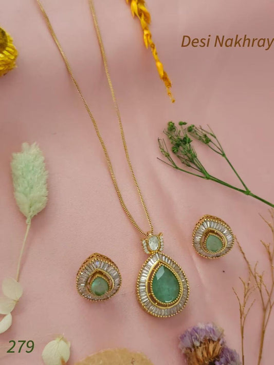 CZ Diamond, Mint Green/ Ruby Red Doublet stones, Moissanite & Baguette stones Gold plated Pendant set with matching studs