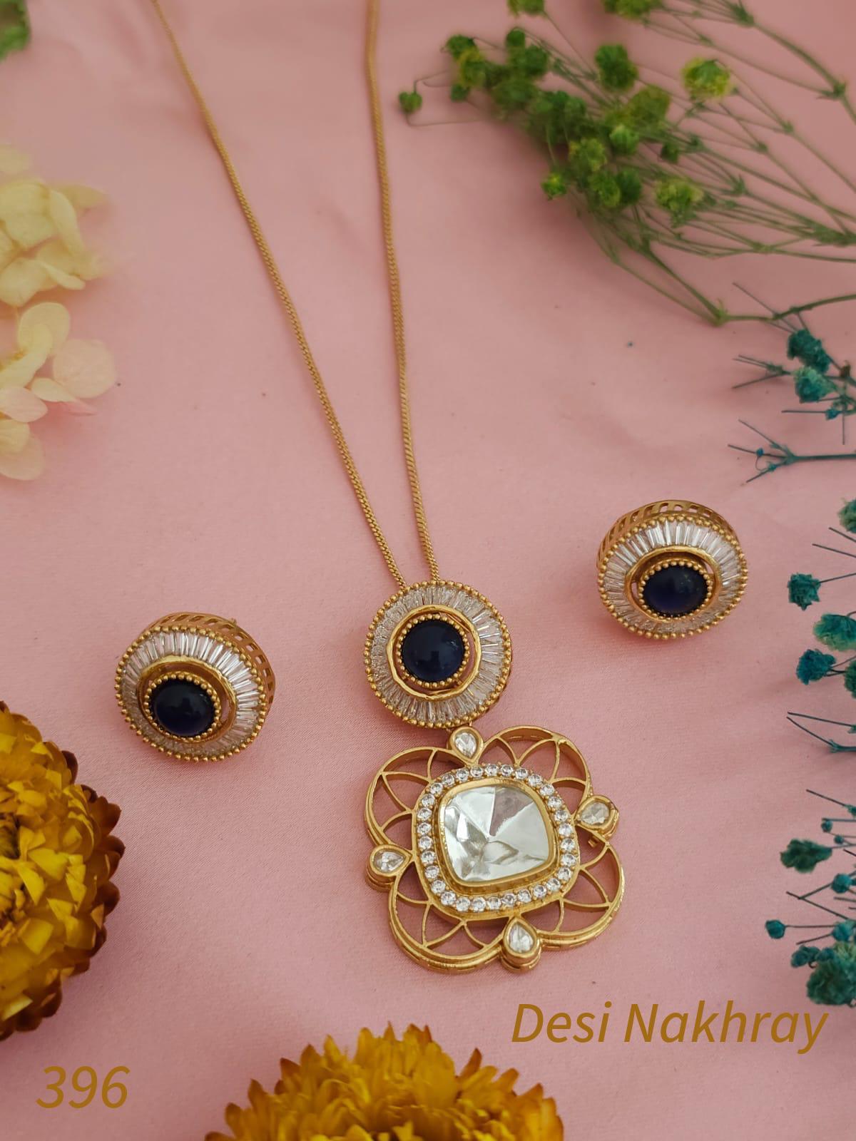 Kundan Jadau Flower Pendant and earrings set with Blue or soft Pink Pota stones. Luxury Royal Wedding Indian jewelry. Statement jewelry