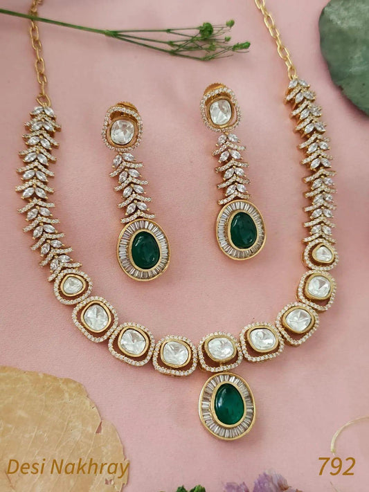 CZ Diamond, Moissanite kundan with Champagne Pink / Emerald Green Doublet & Baguette stone necklace set with matching dangling earrings.