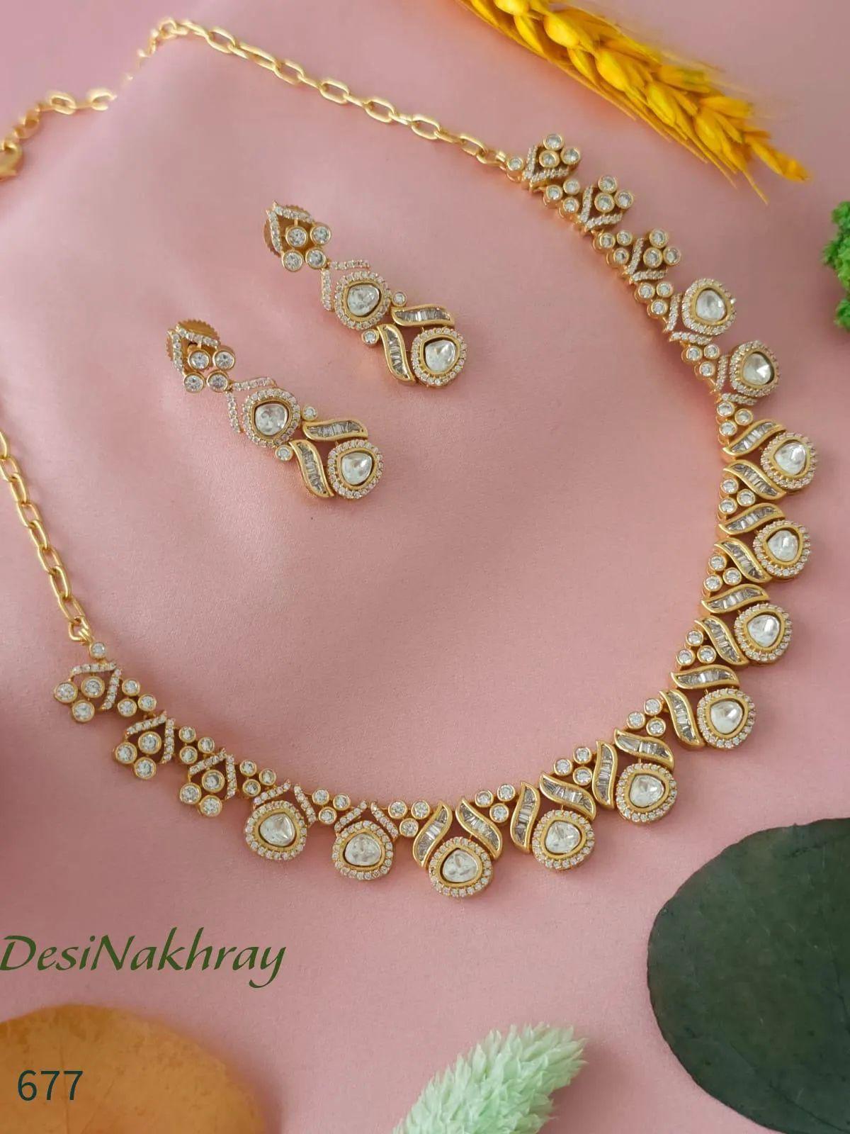 CZ Diamond, Gold plated Moissanite stone necklace and earring set. Indian royal wedding bridal jewelry